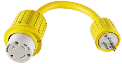 Hubbell HBL104 Yellow Watertight 30A 125V Locking Female to 15A Straight Blade Male Adapter