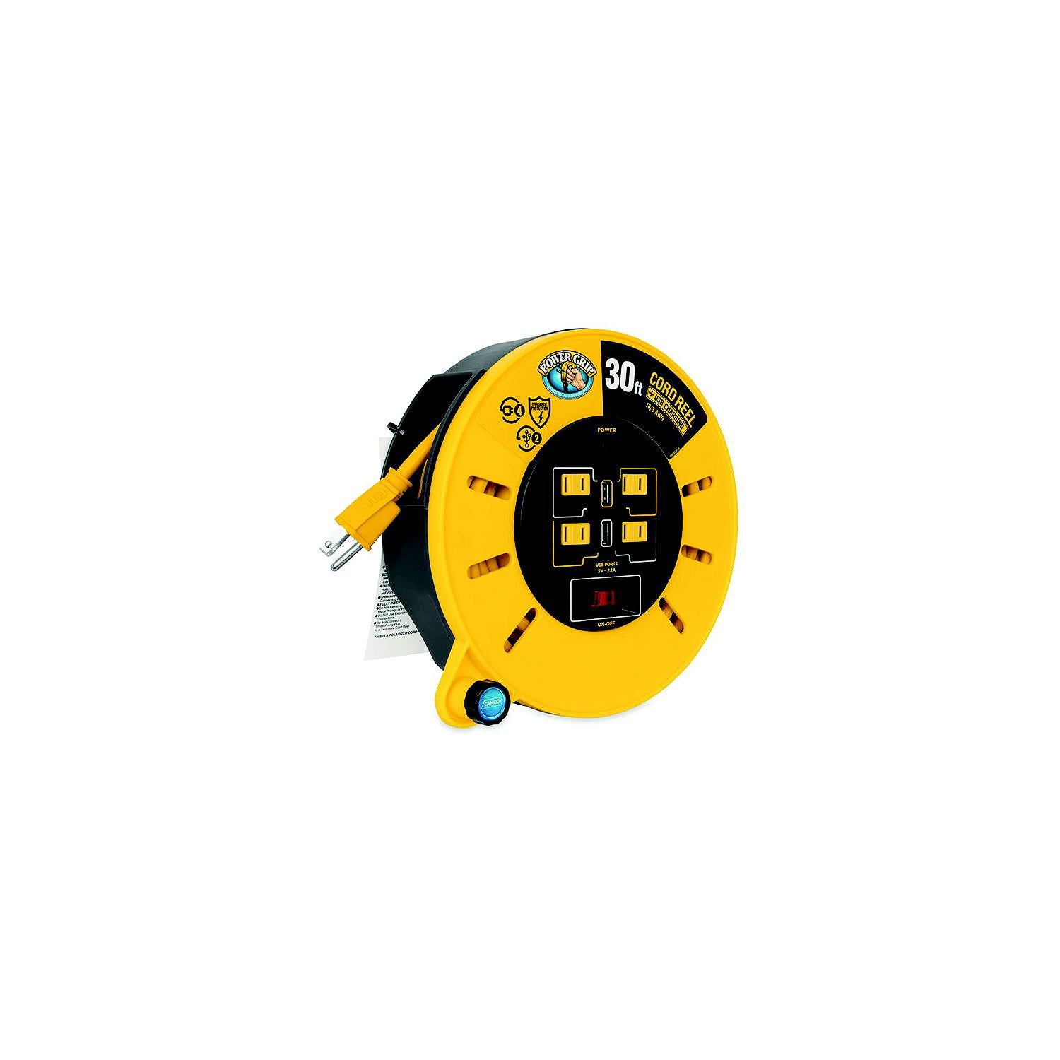 Camco 55290 Power Gripâ„¢ Extension Cord Reel With USB Charging Ports, 30'