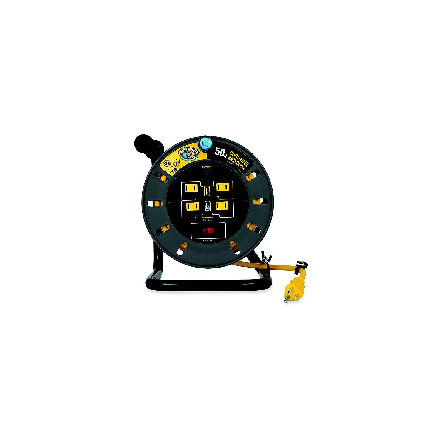 Camco 55291 Power Gripâ„¢ Extension Cord Reel With USB Charging Ports, 50'