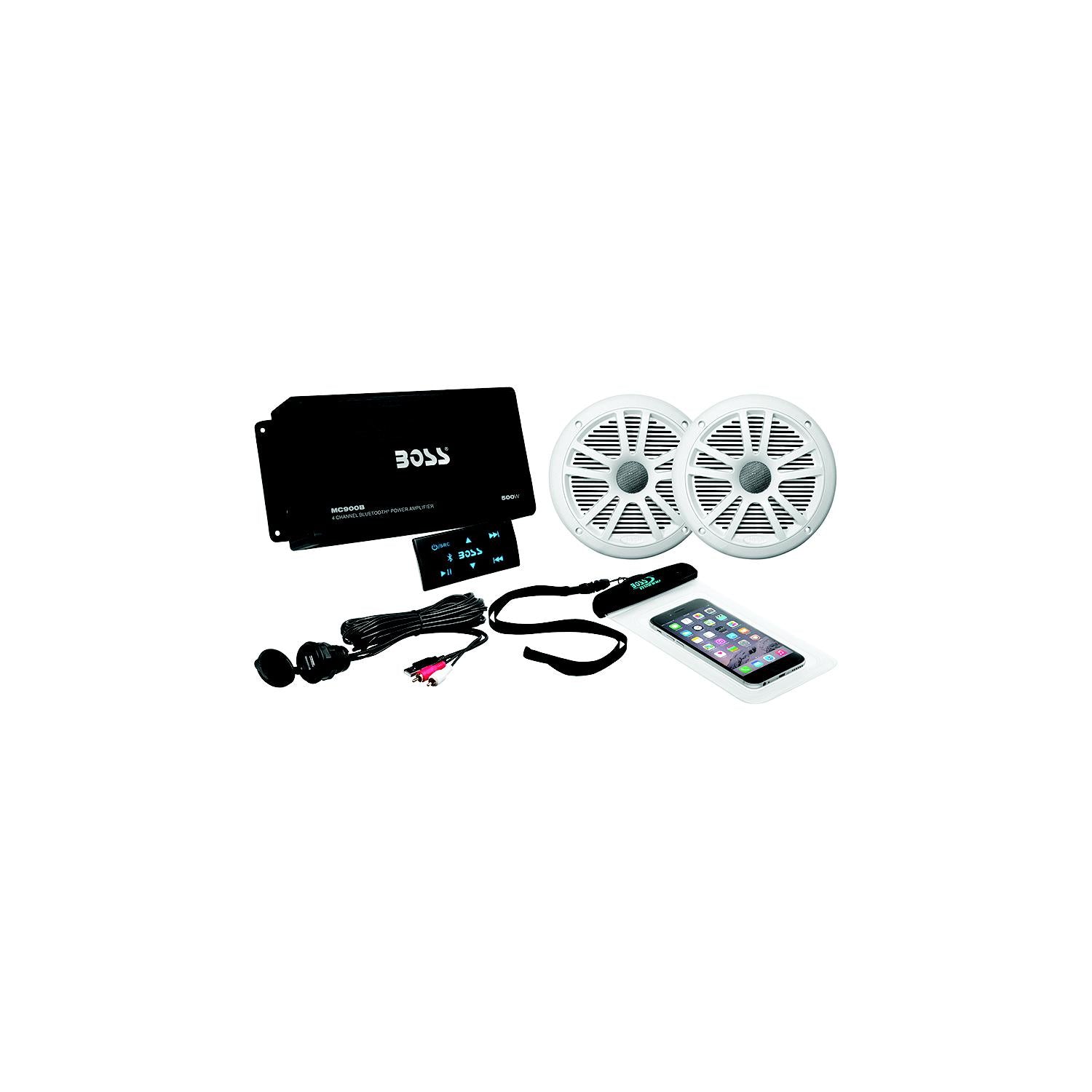 Boss Audio Systems ASK902B.6 Boss 500 Watt/4 Channel Bluetooth Amplifier w/Pair Marine Speakers & USB Cable