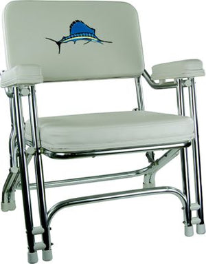 Springfield Marine 1080021-EMB 1080021EMB Deck Folding Chair, White w/Embroidered Back