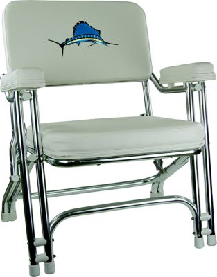 Springfield Marine 1080021-EMB 1080021EMB Deck Folding Chair, White w/Embroidered Back