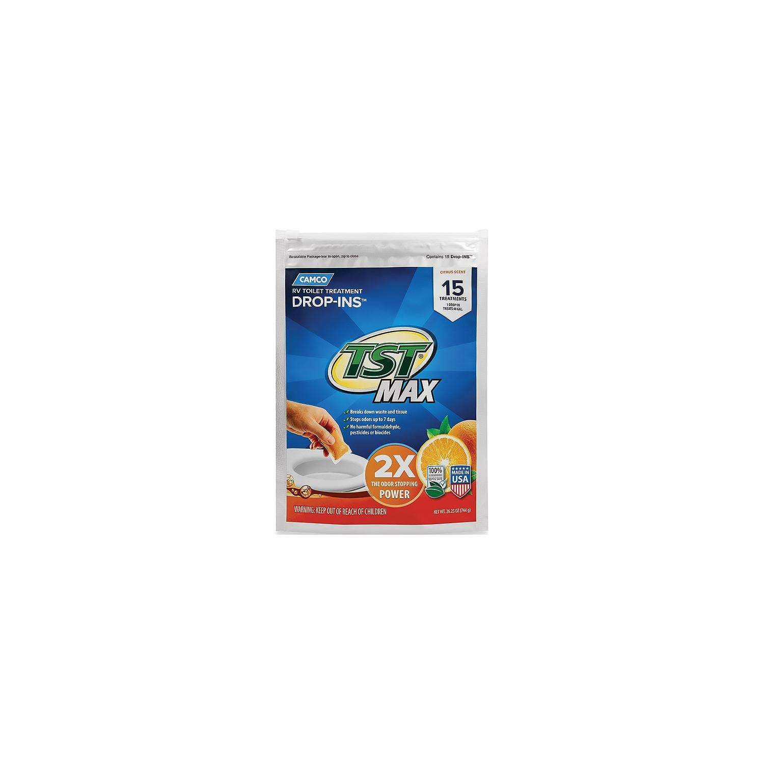 Camco 41189 TSTÂ® Max Drop-Ins, Fresh Citrus, 15/bag