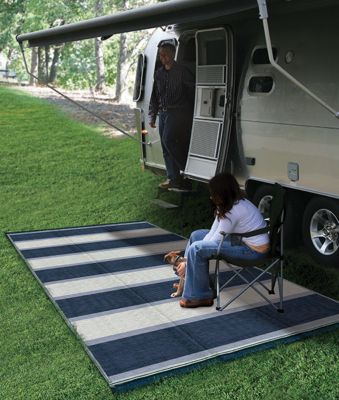 Camco 42871 Open Air Stripe Awning Leisure Mat, 6' x 9' Blue