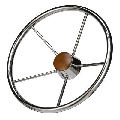 Seachoice 28551 5 Spoke 15" Stainless Steel Destroyer Steering Wheel With Genuine Teak Cap