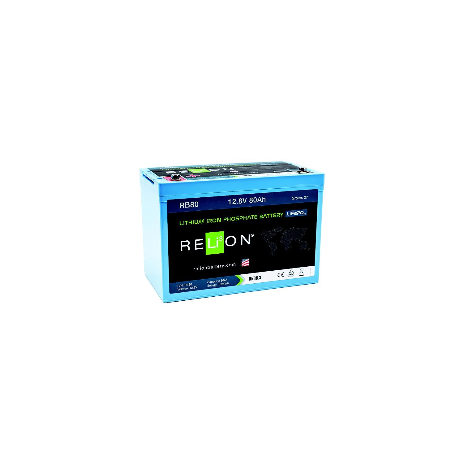 RELiON RB80 LiFePO4 Lithium Iron Phosphate 12V Battery, Group 27