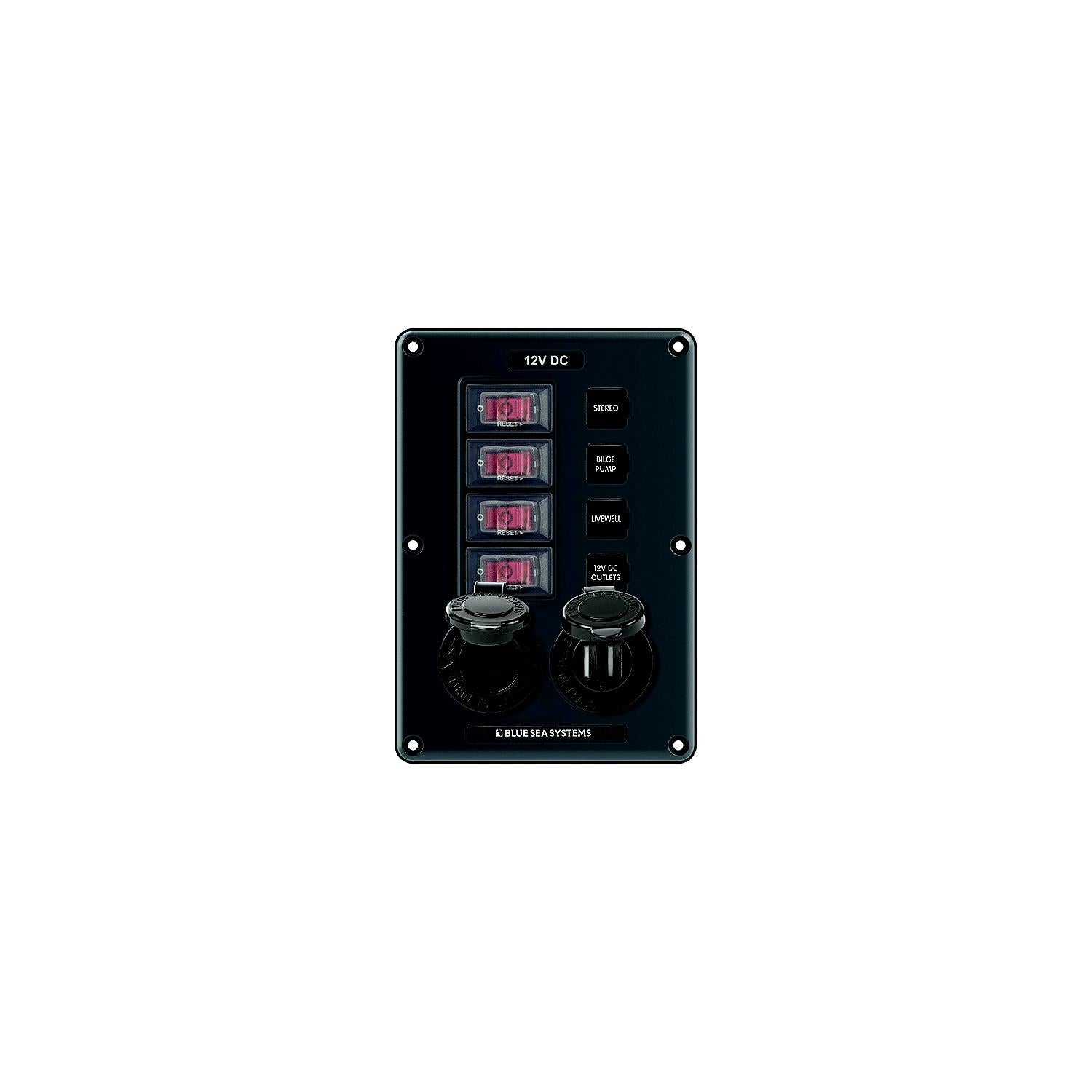 Blue Sea Systems 4321-BSS 4321 Water-Resistant Circuit Breaker Switch Panel, 4 Position w/12V Socket & Dual USB Charger
